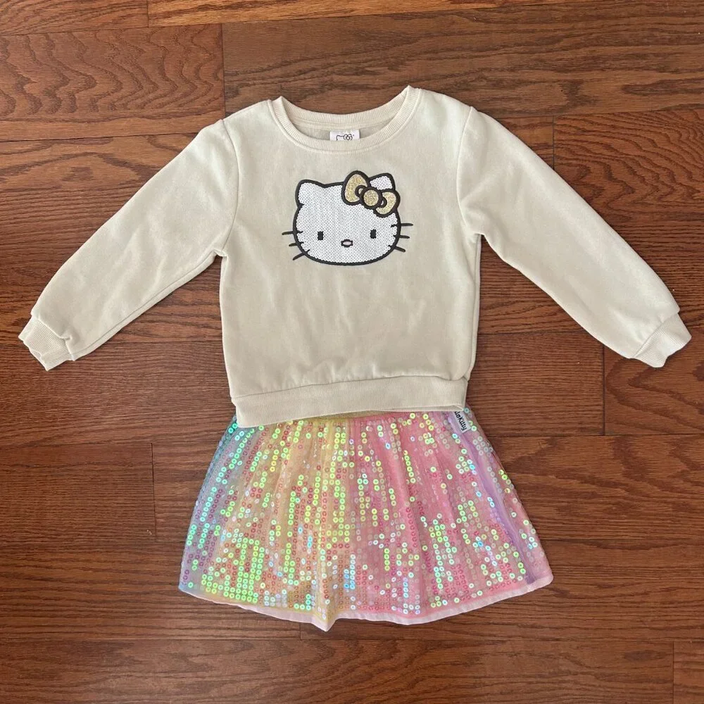 Hello Kitty Girls Size 5 Size 6 Fleece Sweatshirt Matching Sequin Skirt Outfit